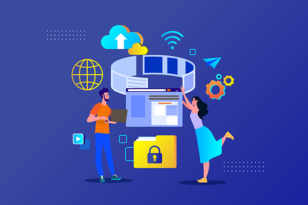 Illustration of people with digital icons for cloud, lock, and data flow.